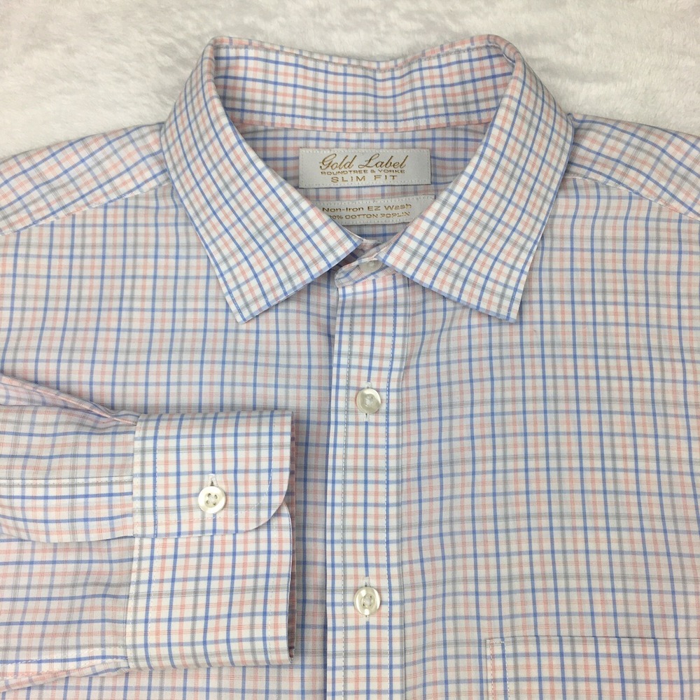 Roundtree & Yorke Gold Label Dress Shirt Mens 15.5-32 Pink/Blue Check Slim Fit